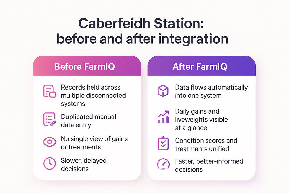 Comparison of Caberfeidh Station's farm records before and after integrating systems through FarmIQ