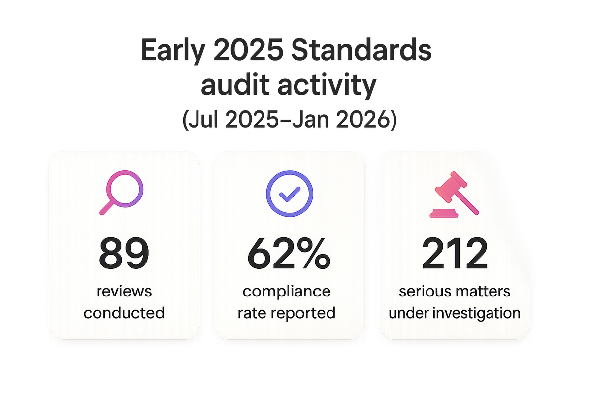 Bar of early ASQA review statistics showing 89 reviews, 62 percent compliance rate, and 212 serious matters