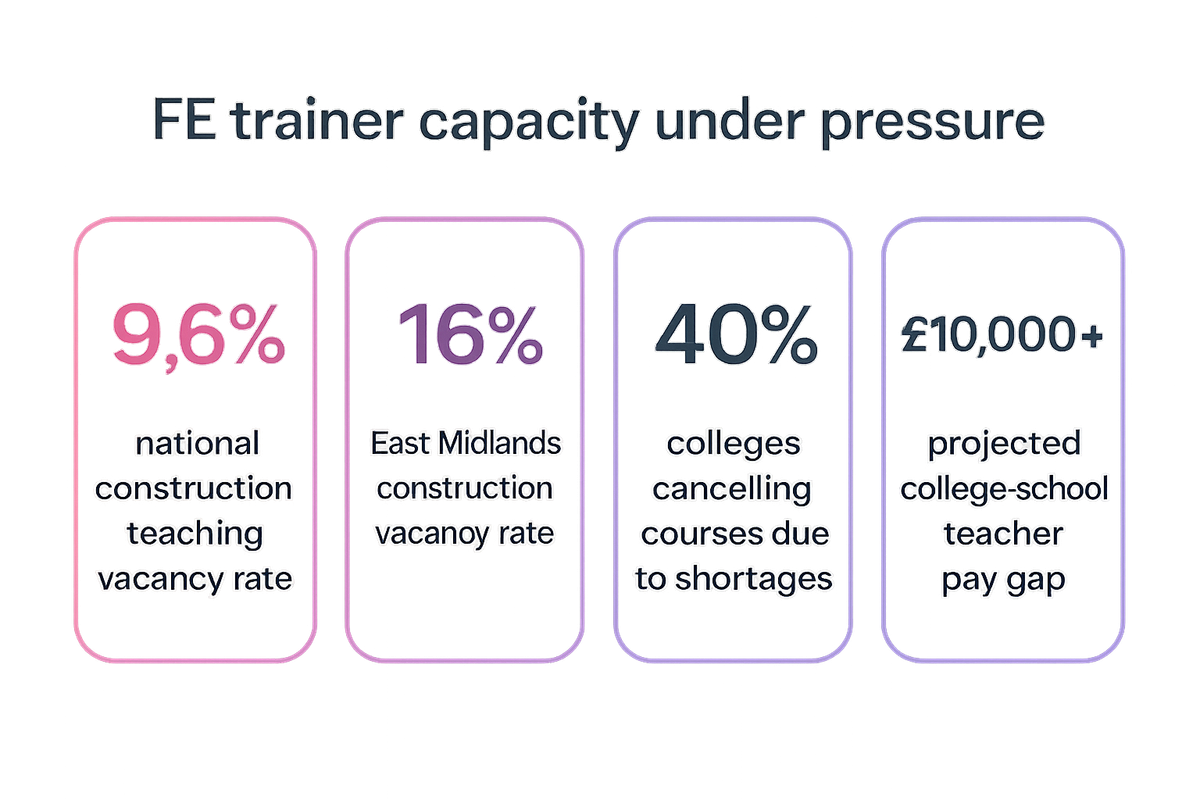 Bar-style stats showing FE trainer vacancy rates and pay gaps driving occupational currency pressure