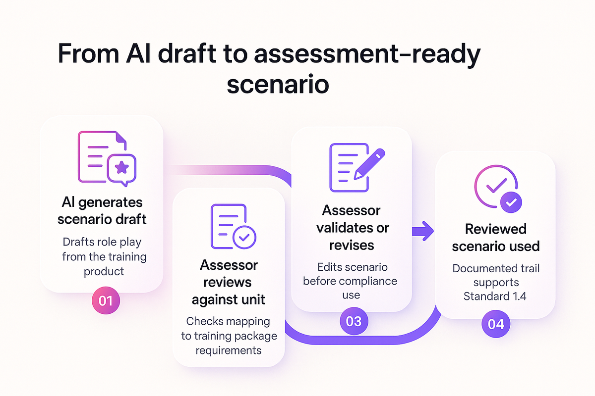 Flow diagram showing an AI-drafted scenario moving through assessor review and validation before compliance use