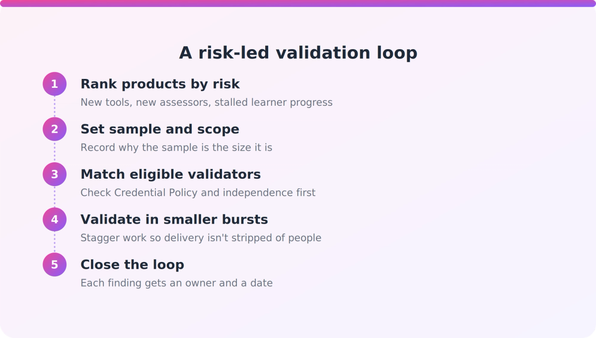 Five-step flow showing a risk-based validation schedule from ranking products to closing findings back into assessment practice