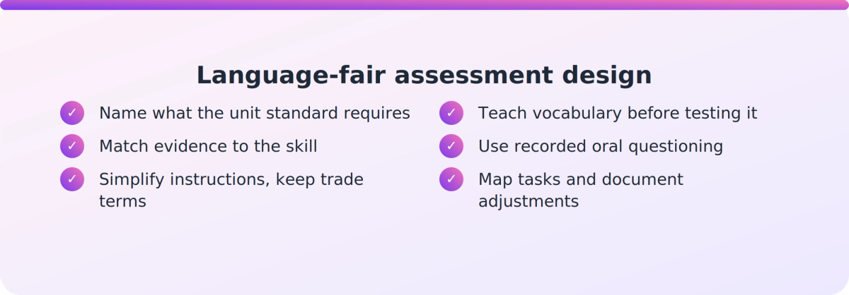 Checklist of six steps for designing language-fair trade assessments for ESOL learners in New Zealand