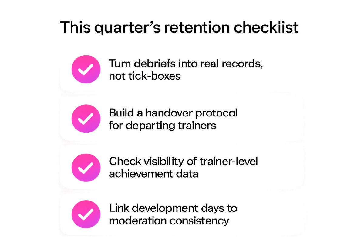 Checklist of four practical actions a Head of Training can take this quarter to protect trainer knowledge