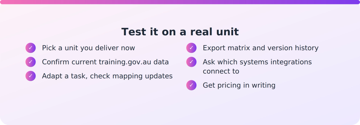 Checklist of steps for testing alignment software on a real unit of competency before buying