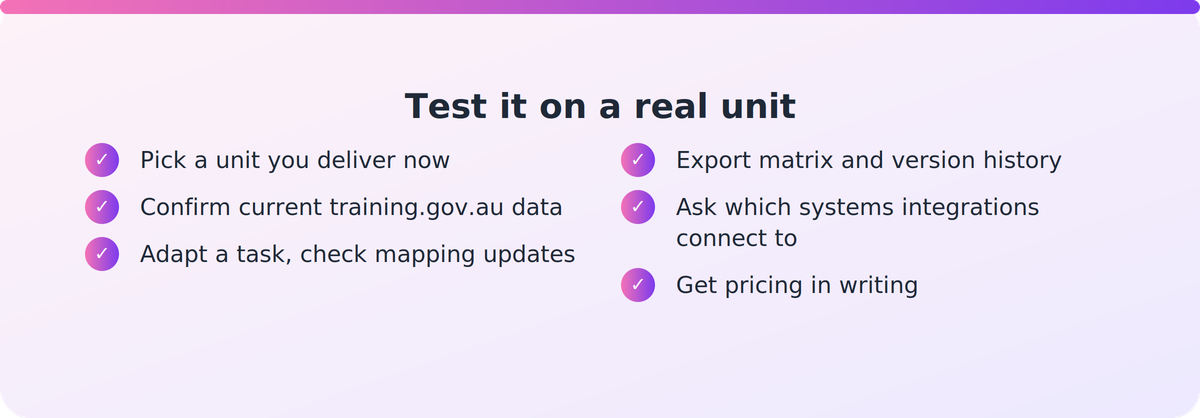 Checklist of steps for testing alignment software on a real unit of competency before buying