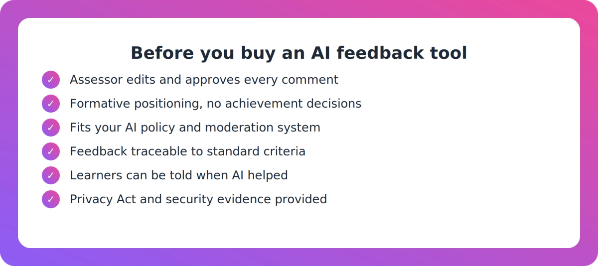 Checklist of criteria for buying an AI assessment feedback tool: human review, policy fit, accuracy, disclosure, privacy, audit trail