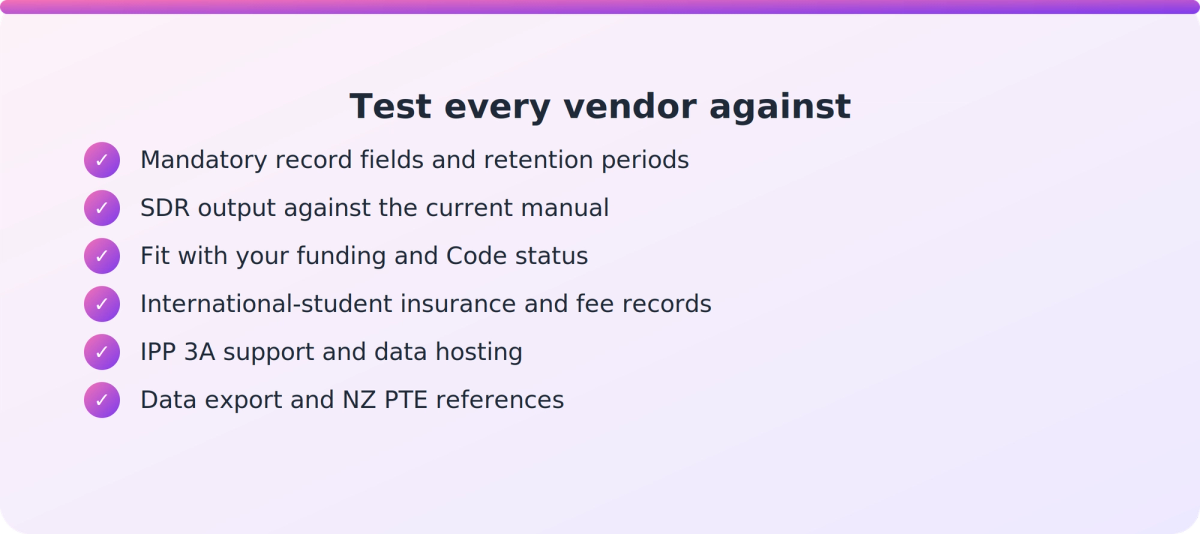 Checklist of criteria a NZ PTE should use to evaluate student management software vendors