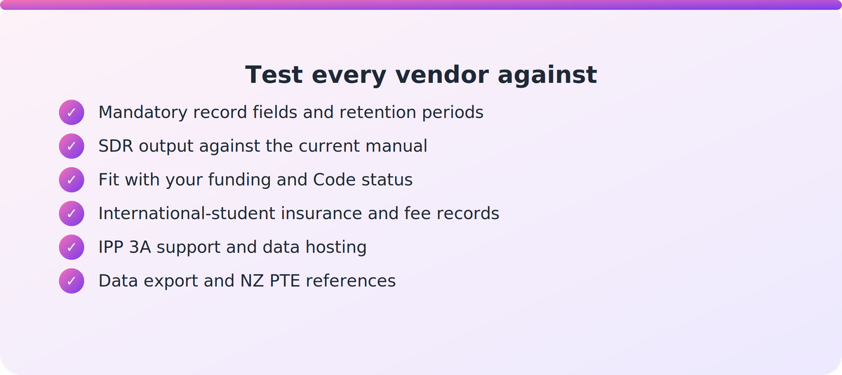 Checklist of criteria a NZ PTE should use to evaluate student management software vendors
