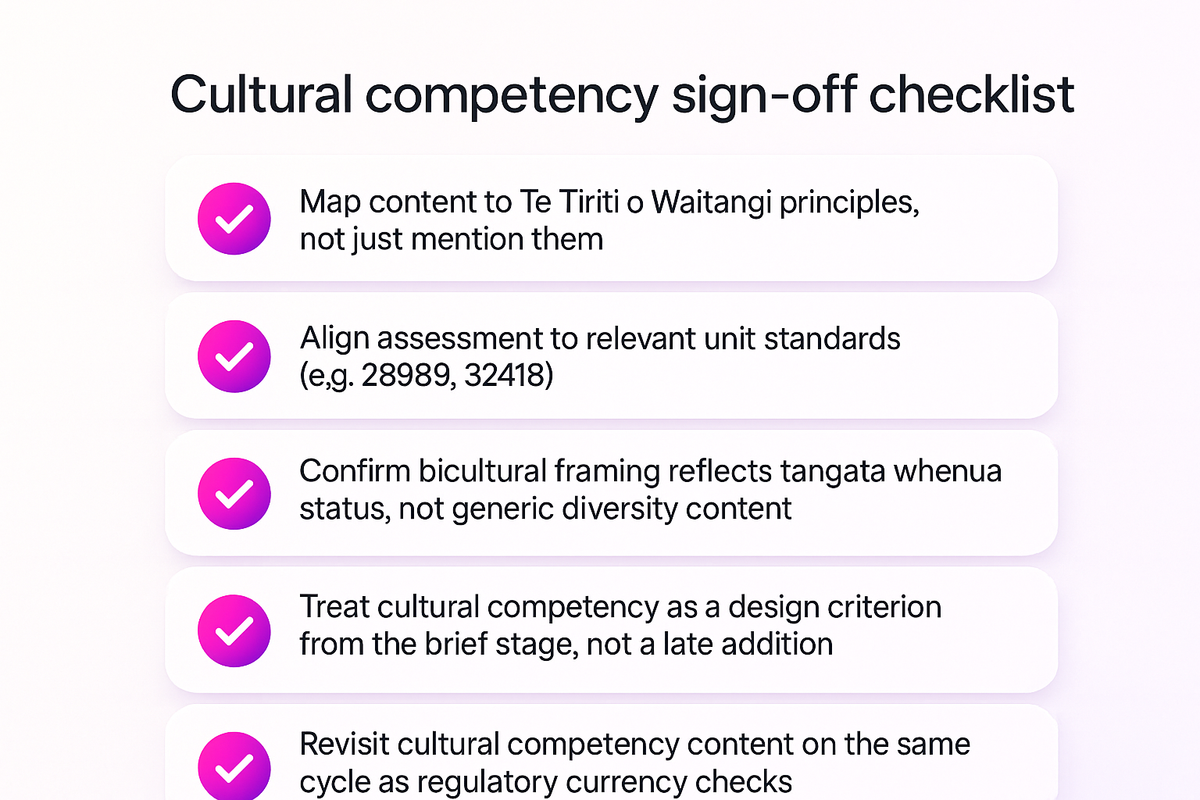 Checklist for embedding cultural competency and Te Tiriti o Waitangi alignment into instructional design sign-off