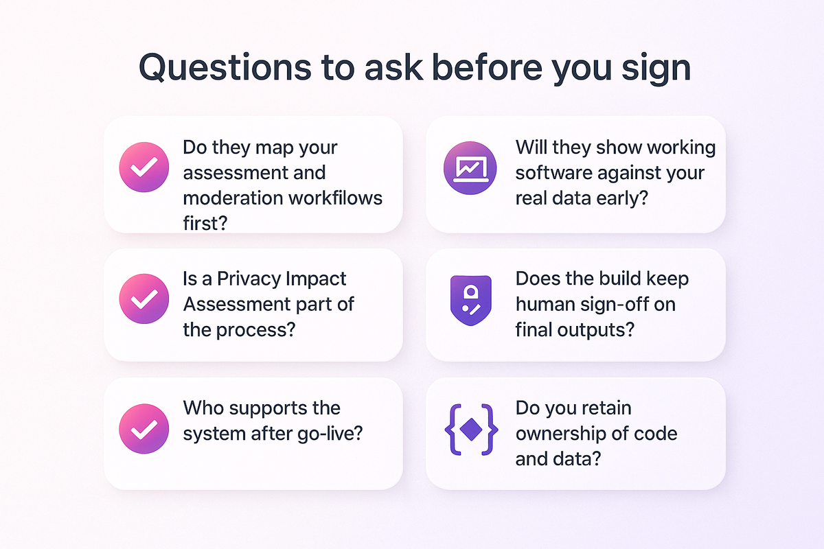 Checklist of questions a training provider should ask before selecting a custom AI development partner