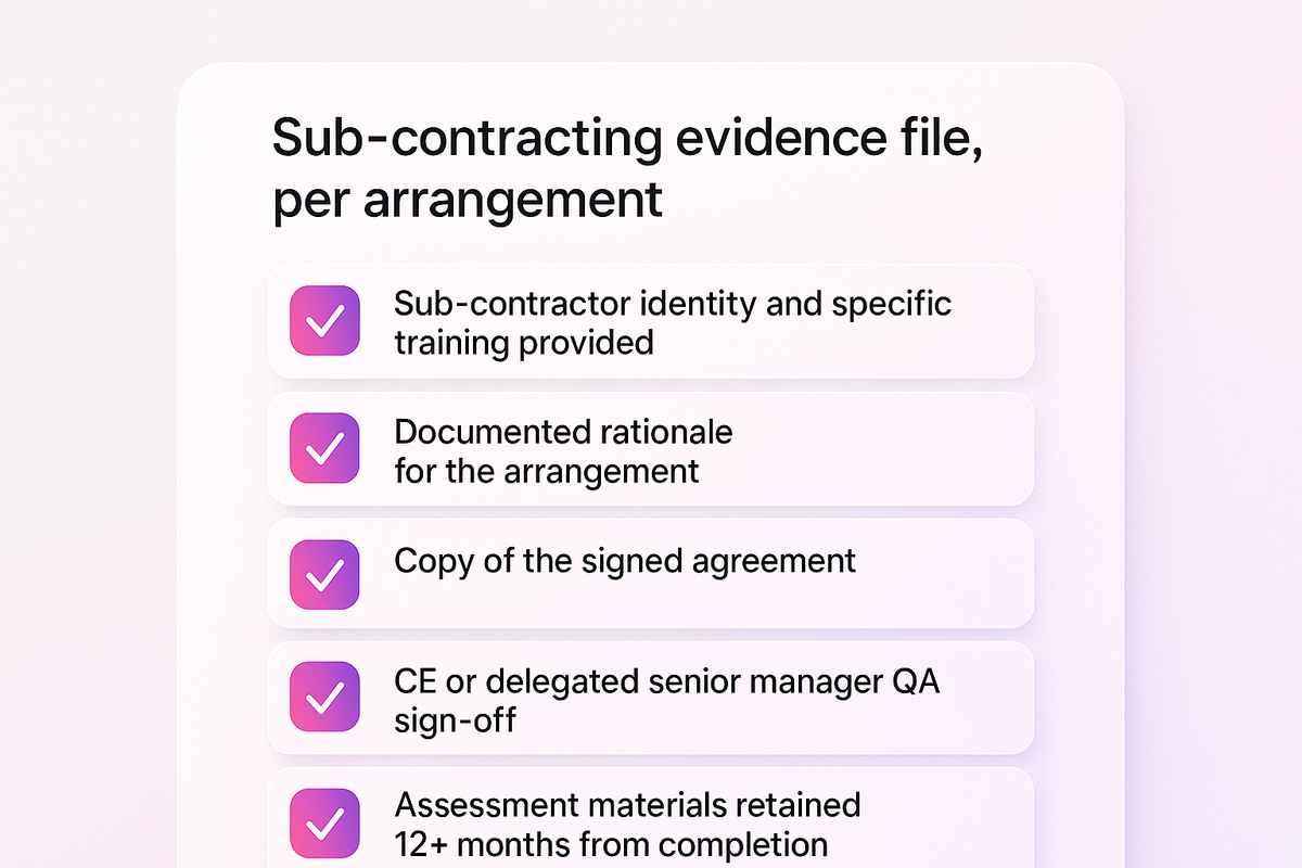 Checklist of documentation now required for each sub-contracting arrangement under the Quality Assurance of Tertiary Education Providers Rules 2026