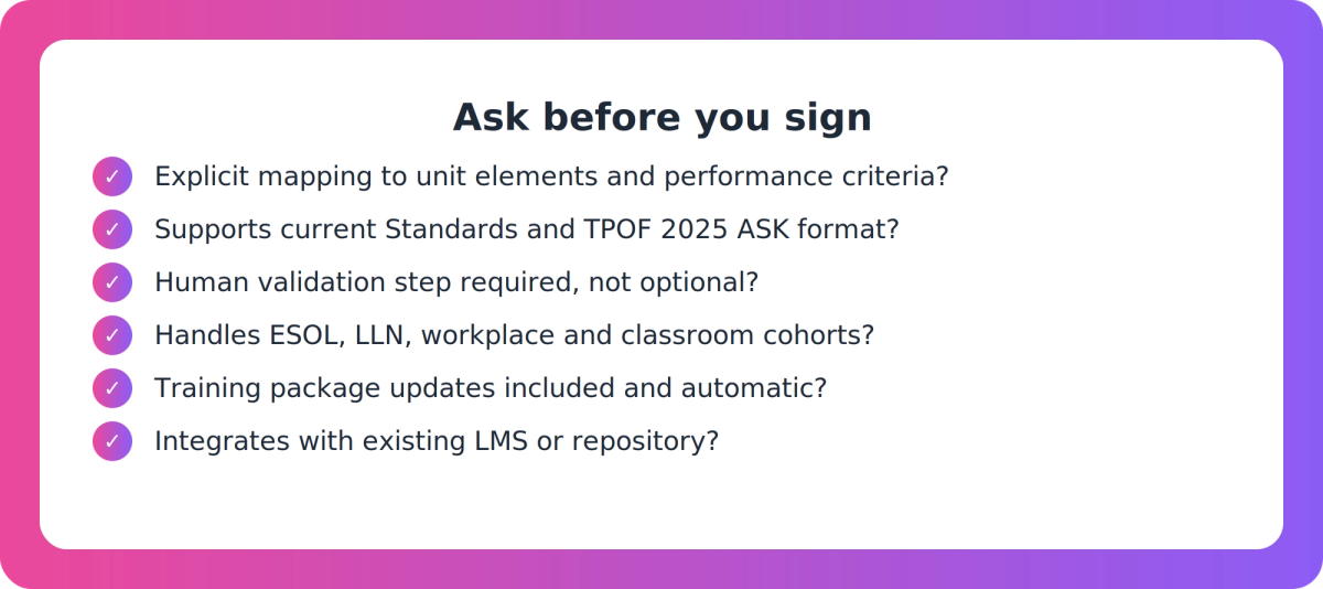 Checklist of questions RTO buyers should ask before choosing training material generator software
