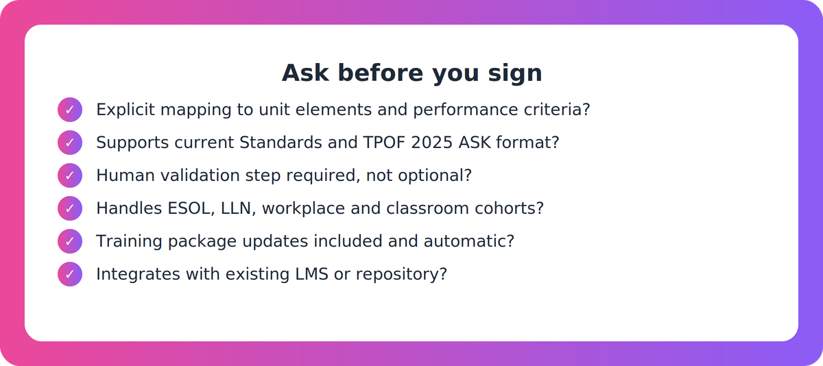 Checklist of questions RTO buyers should ask before choosing training material generator software
