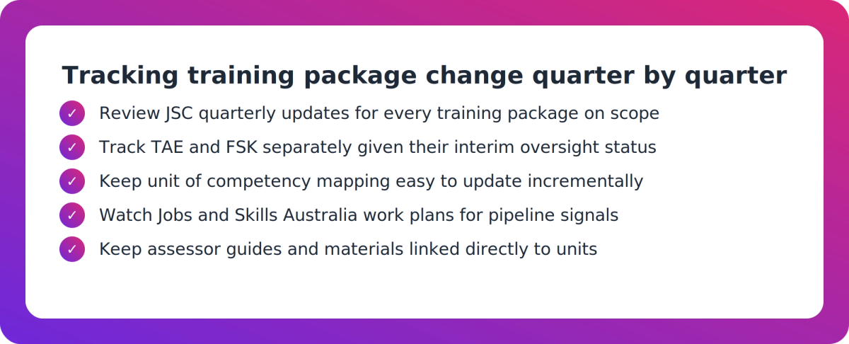 Checklist of practical steps RTOs can take to track quarterly Jobs and Skills Council training package changes