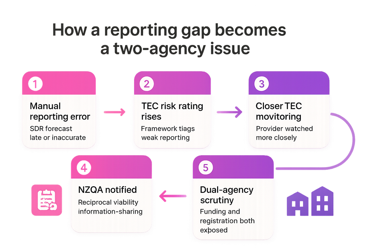 Flow diagram showing how a manual reporting gap escalates from TEC risk rating to NZQA scrutiny