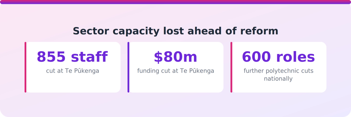 Bar-style stats showing staff, funding and role cuts squeezing NZ polytechnic instructional design capacity