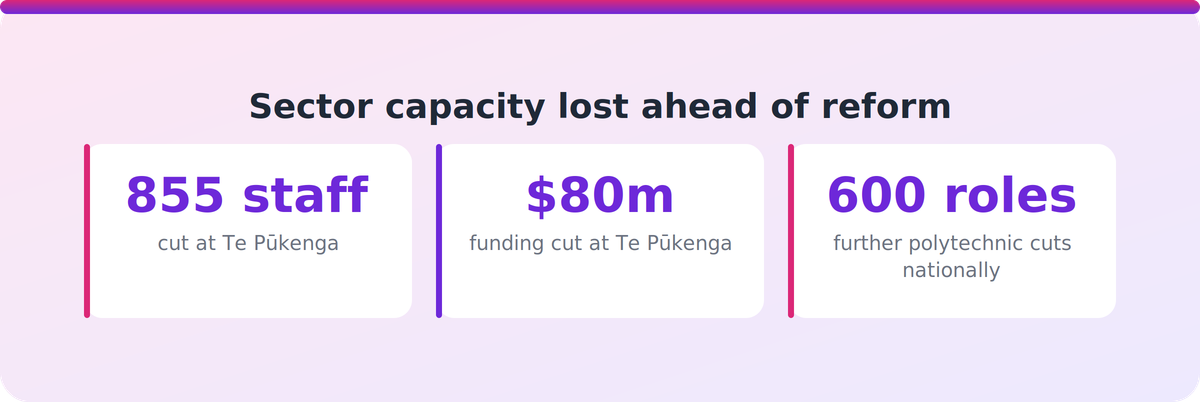 Bar-style stats showing staff, funding and role cuts squeezing NZ polytechnic instructional design capacity