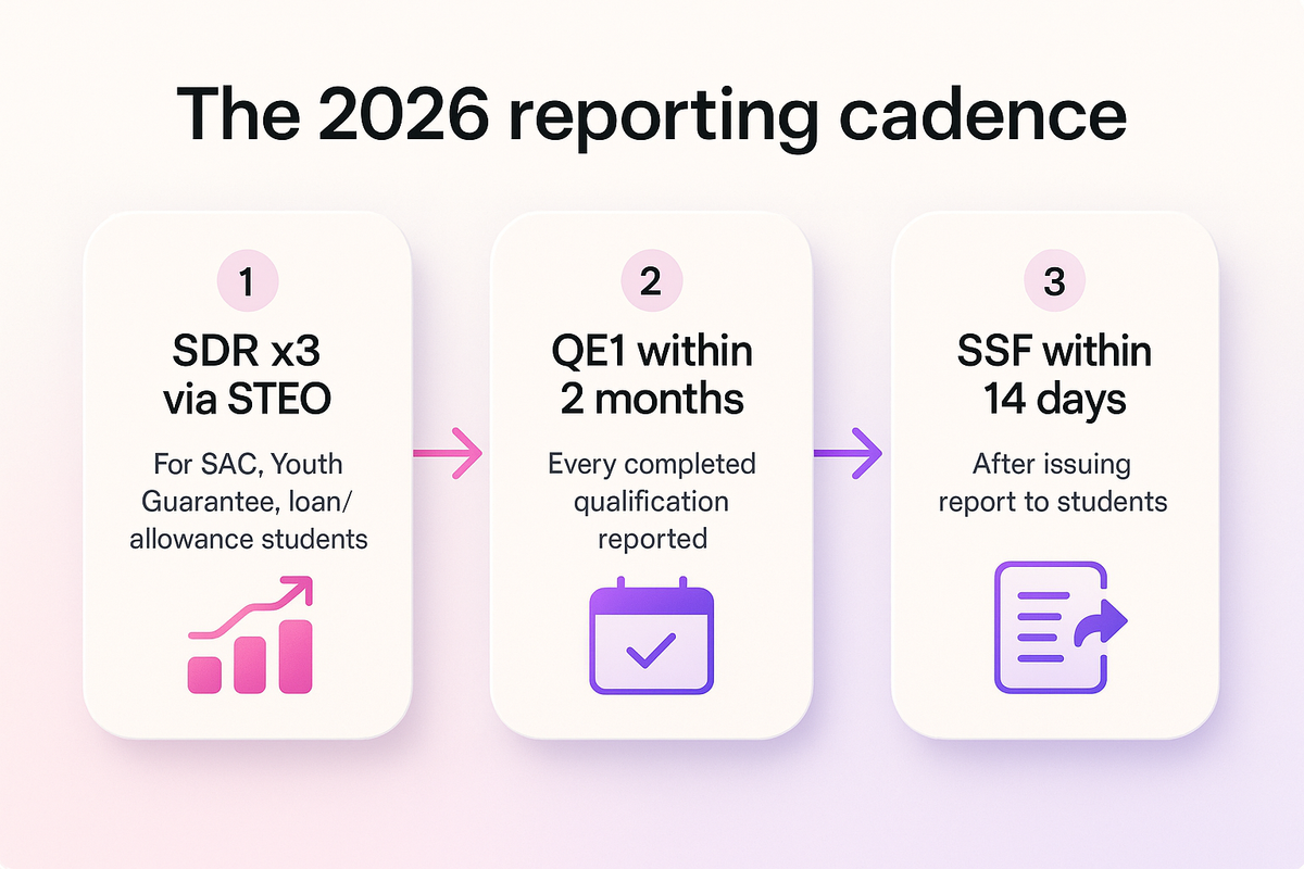 Flow diagram showing NZ PTE reporting deadlines: SDR three times yearly, QE1 within two months, SSF within 14 days.