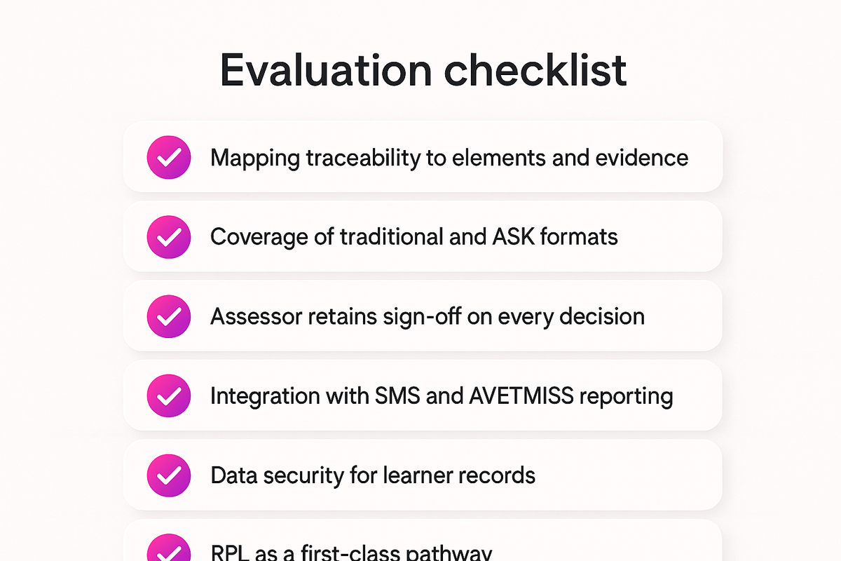 Checklist of evaluation criteria for choosing unit of competency assessment software in Australia