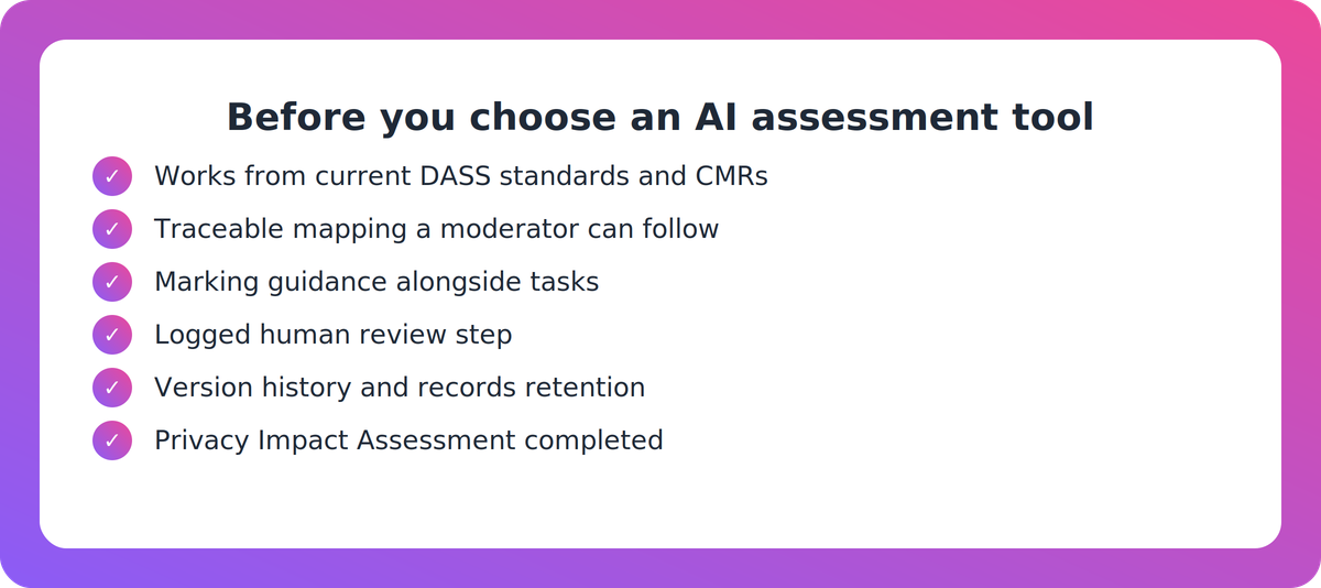 Checklist of criteria for choosing an AI assessment-writing tool for NZQA unit standard assessments