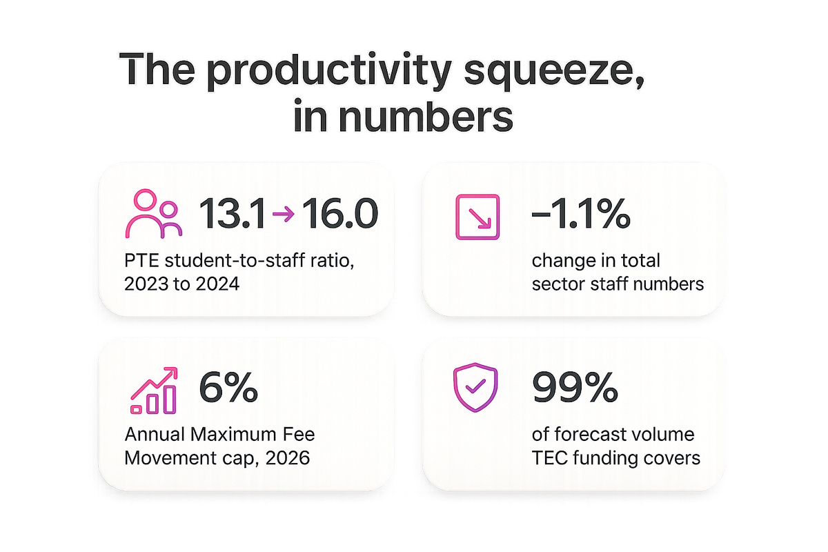 Statistics showing rising PTE student-to-staff ratios and falling sector staff numbers alongside funding caps