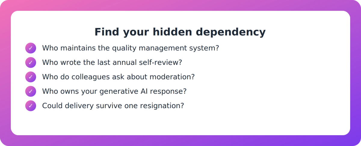 Checklist of five questions a PTE CEO can ask to find key-person risk in quality and assessment work