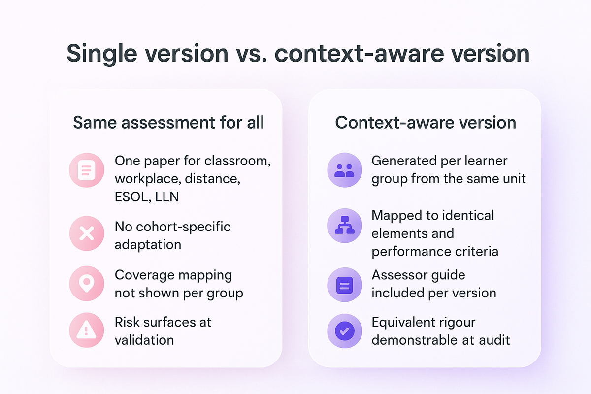 Comparison of a single undifferentiated assessment versus a context-aware assessment mapped to the same unit criteria
