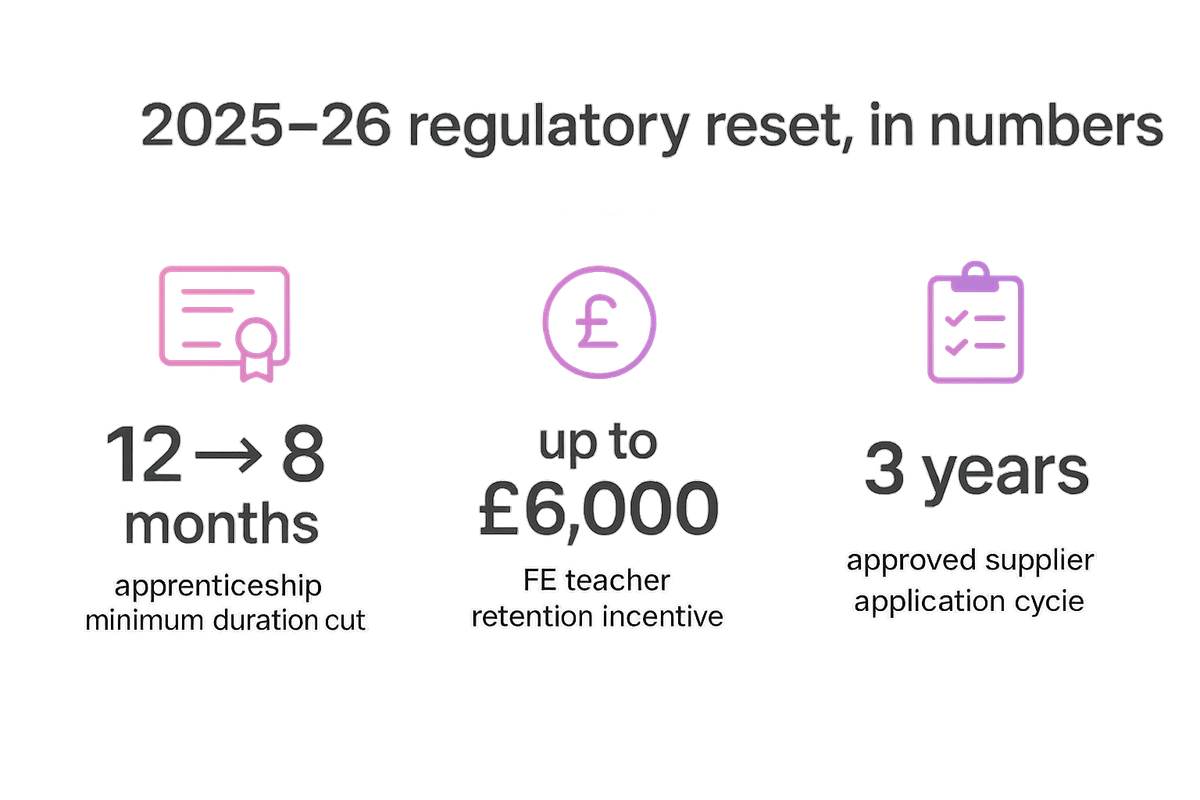 Three figures showing apprenticeship duration cut, FE teacher retention incentive, and the approved supplier application cycle length