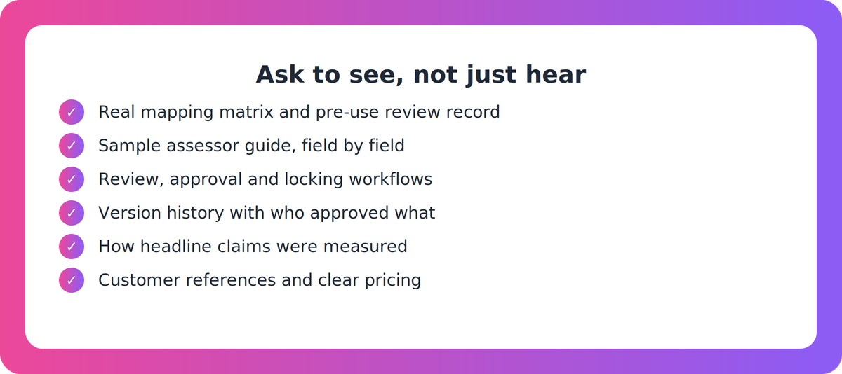 Checklist of items an RTO should ask an assessor guide software vendor to demonstrate before buying