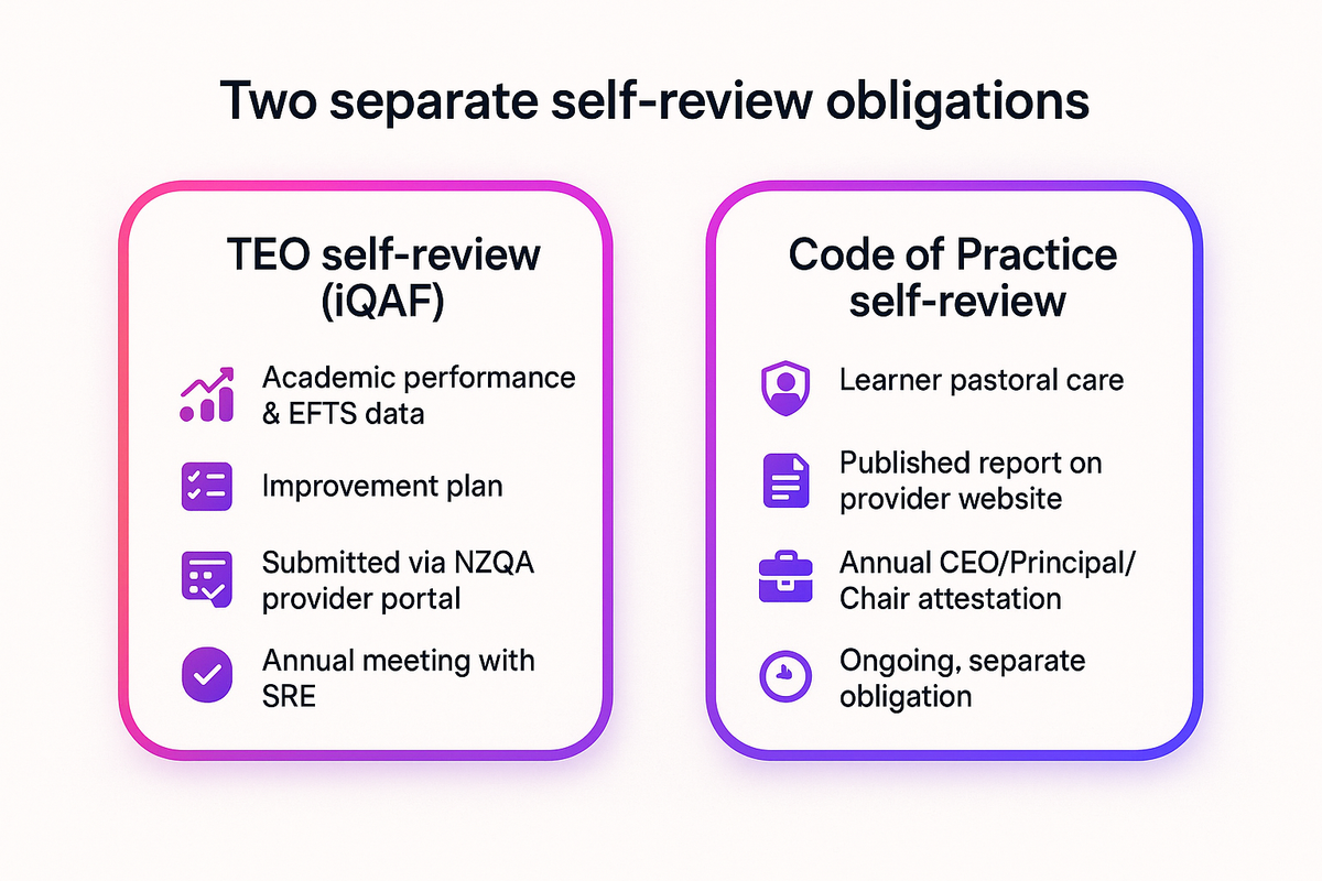 Comparison of TEO self-review under the iQAF against Code of Practice self-review for learner pastoral care