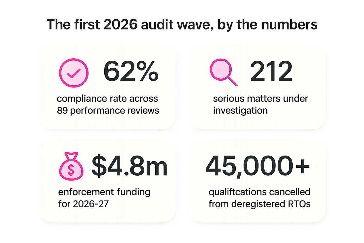 Bar-style stats showing ASQA's first 2026 audit wave: compliance rate, serious matters under investigation, and rising enforcement funding
