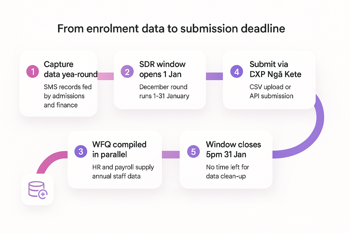 Flow diagram showing enrolment data moving through SDR, IND and Workforce Questionnaire to a fixed January deadline