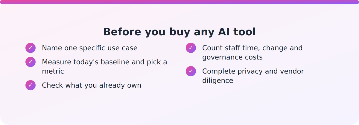 Checklist of questions a NZ business should answer before buying any AI tool