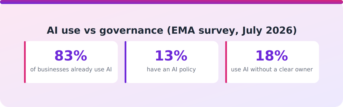 Statistics from the EMA survey showing high AI use but low policy coverage and unclear ownership in NZ businesses