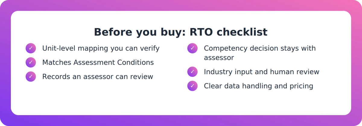 Checklist of buyer criteria for simulation training software in an RTO, from unit mapping to assessor control