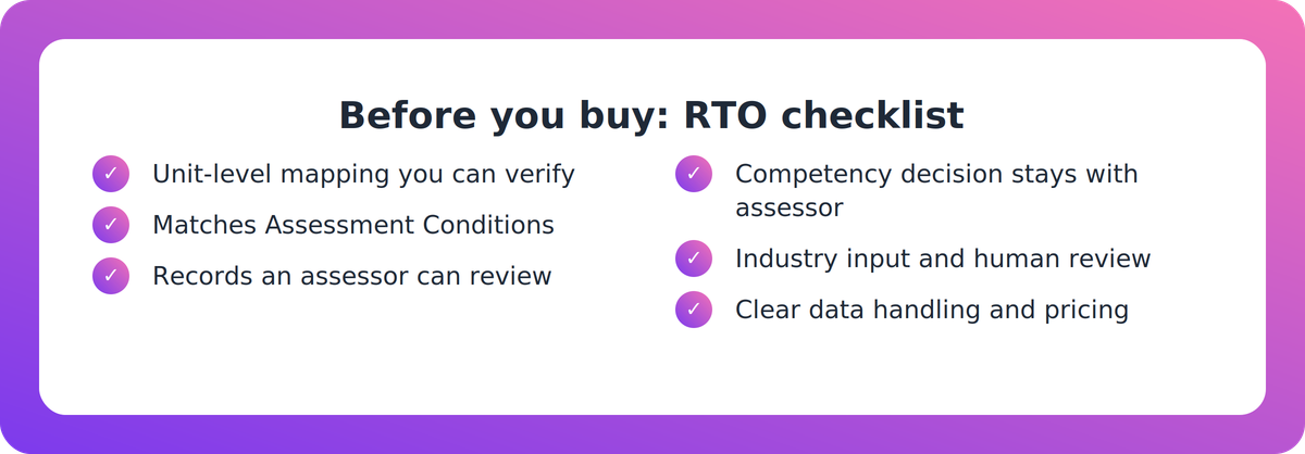 Checklist of buyer criteria for simulation training software in an RTO, from unit mapping to assessor control