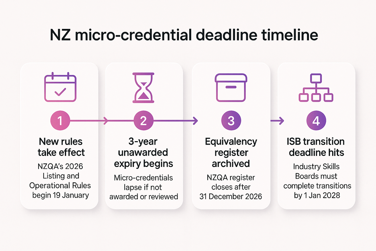 Timeline showing four 2026-2028 New Zealand micro-credential compliance deadlines from new rules to ISB transition cutoff