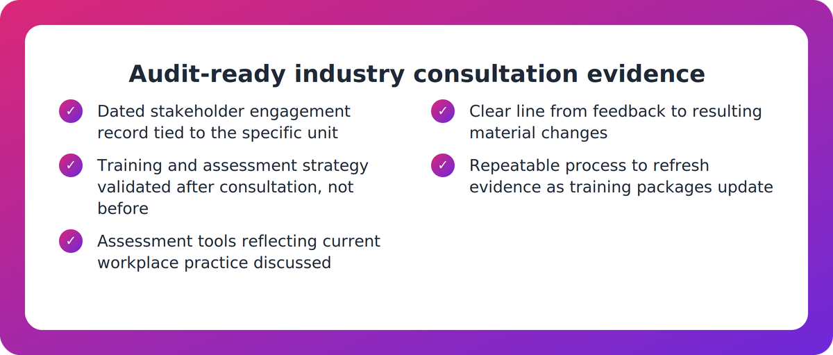 Checklist of five items an RTO needs to prove current, audit-ready industry consultation for a unit of competency