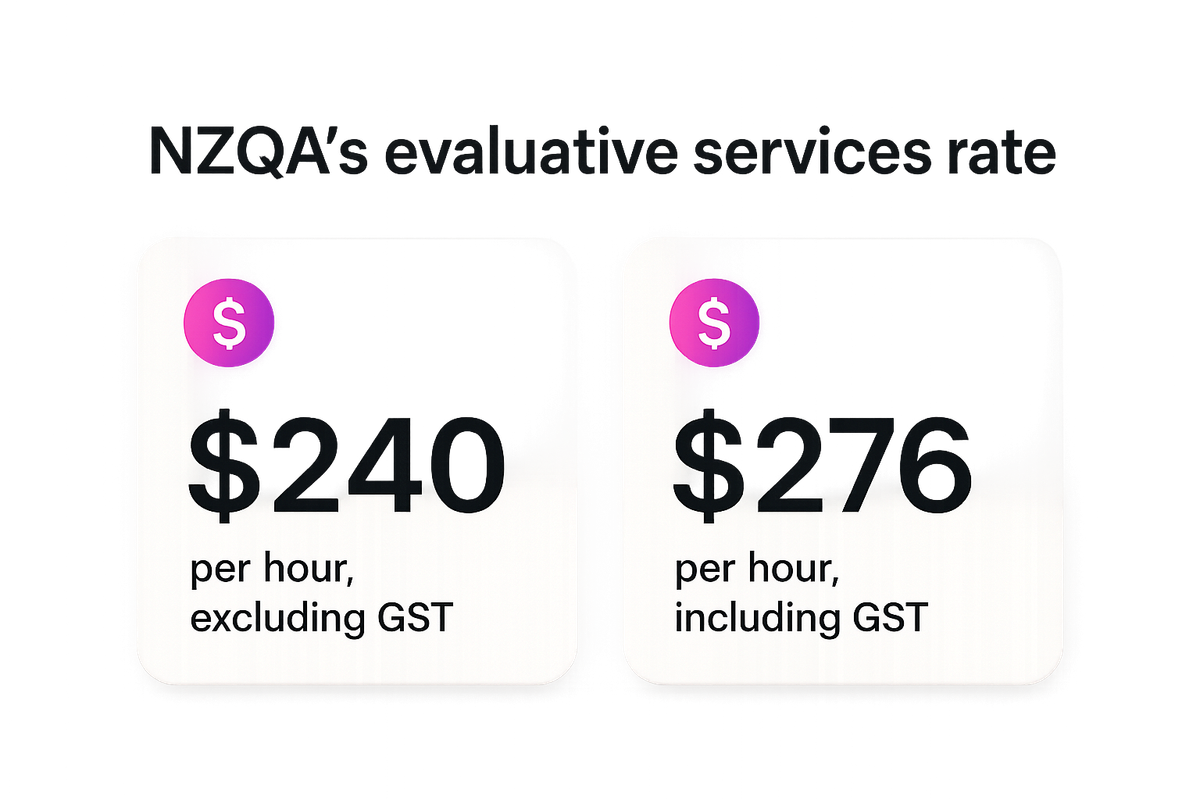 Two stat callouts showing NZQA's evaluative services hourly rate excluding and including GST