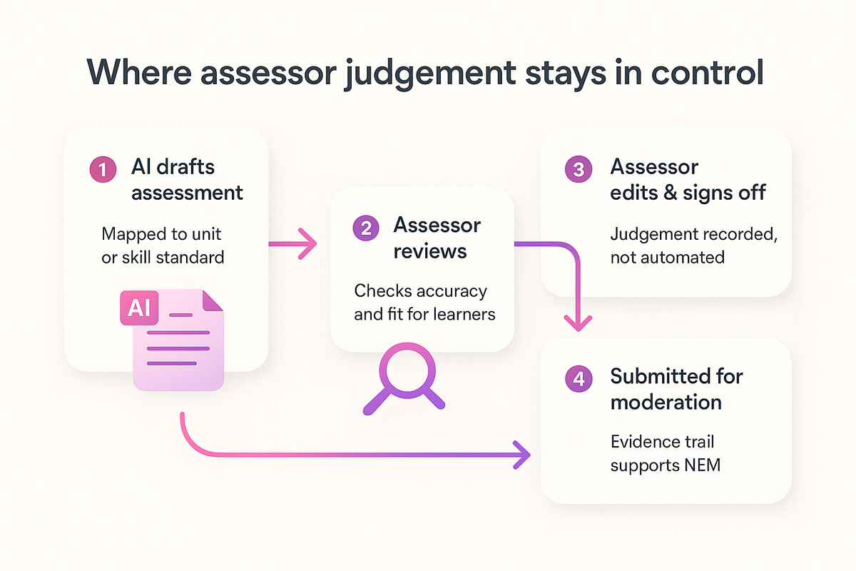 Flow diagram showing an AI-drafted assessment moving through assessor review, edit, sign-off and moderation before use.