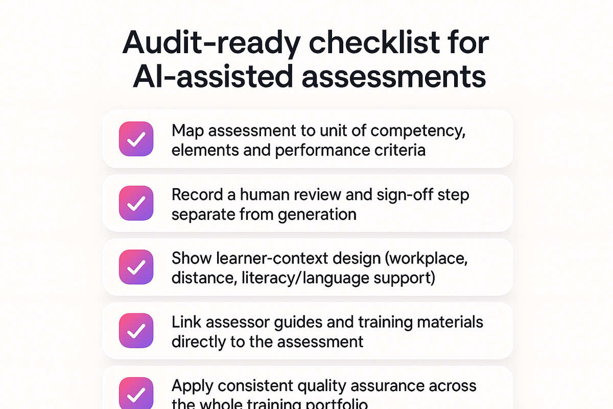Checklist of five audit-readiness steps for AI-assisted assessments under the Standards for RTOs 2025.