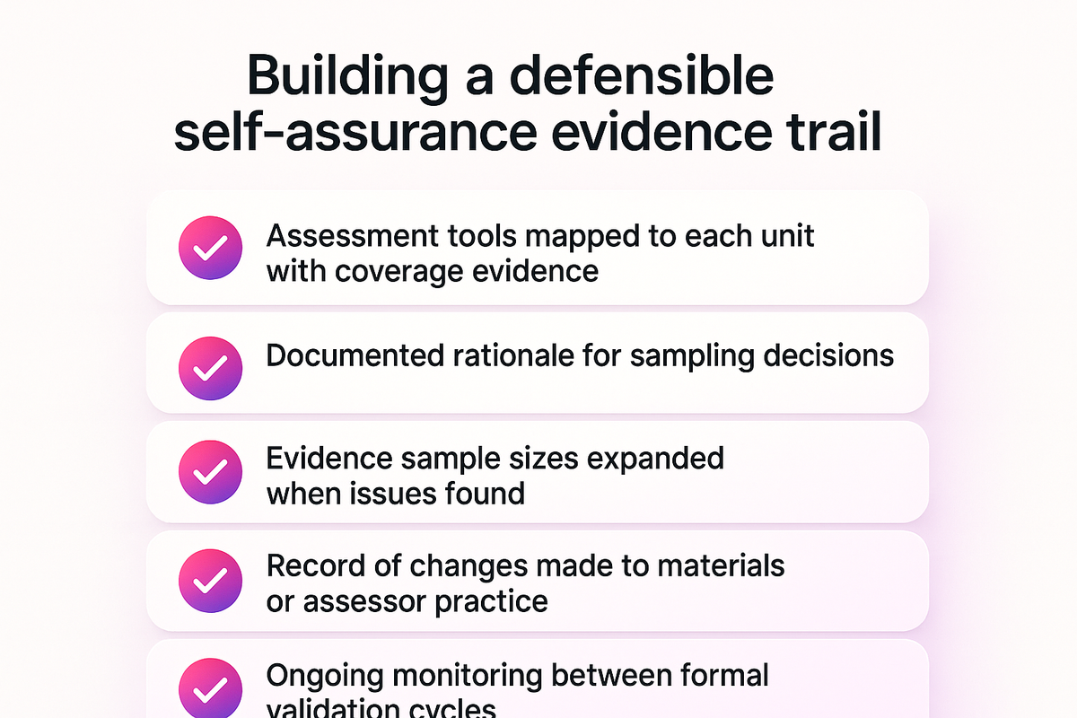 Checklist of five elements a defensible RTO self-assurance and validation evidence system should include