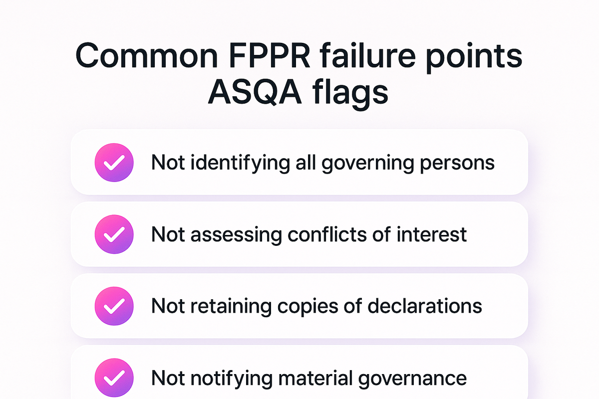 Checklist of four common Fit and Proper Person Requirement failure points flagged by ASQA for RTO compliance managers