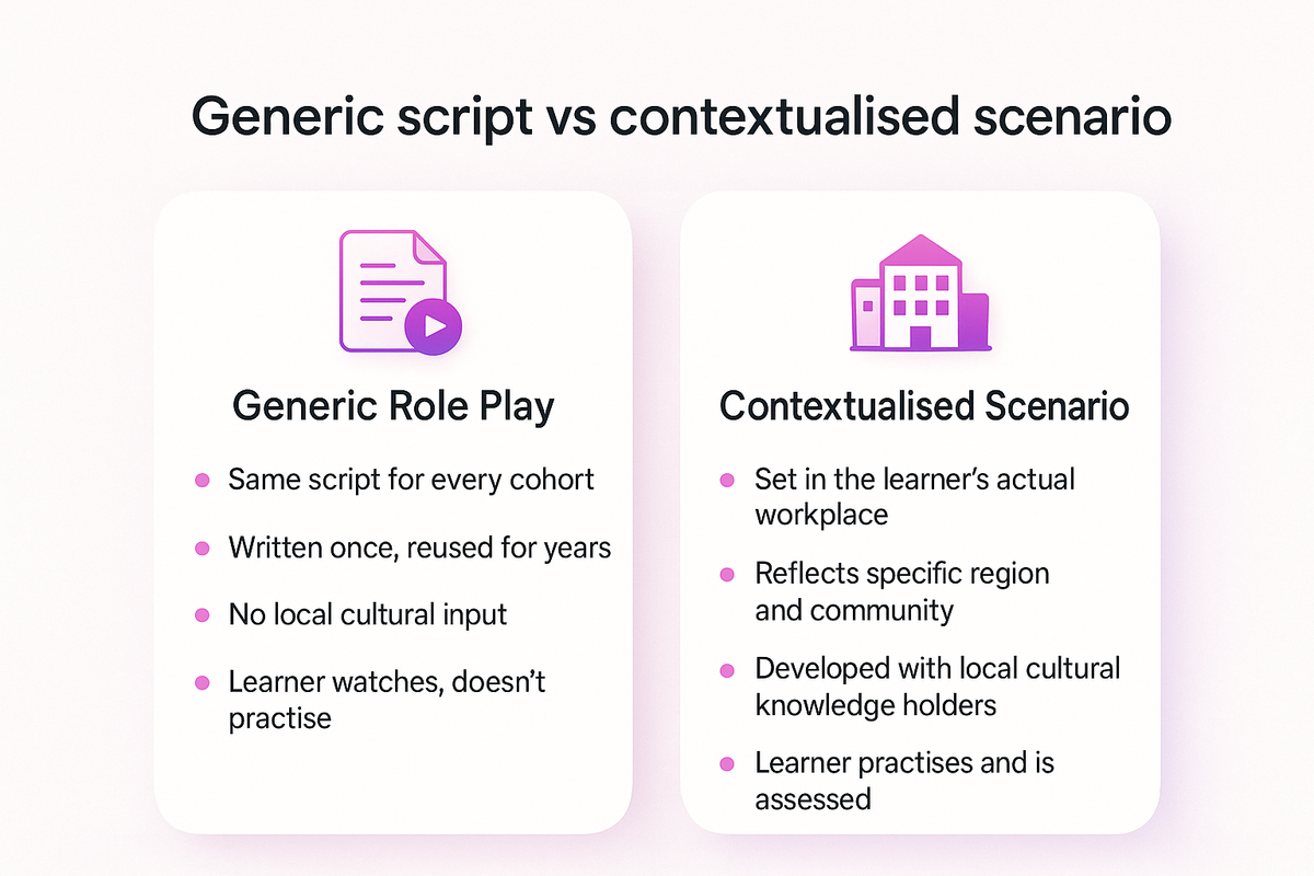 Comparison chart contrasting generic cultural competency role plays with locally contextualised, community-grounded scenario design.