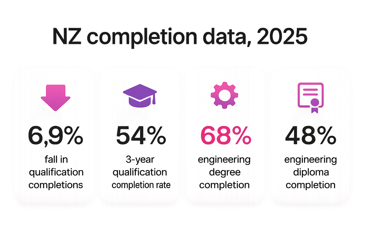 Bar-style stats showing NZ 2025 completion decline against engineering completion gap by programme level