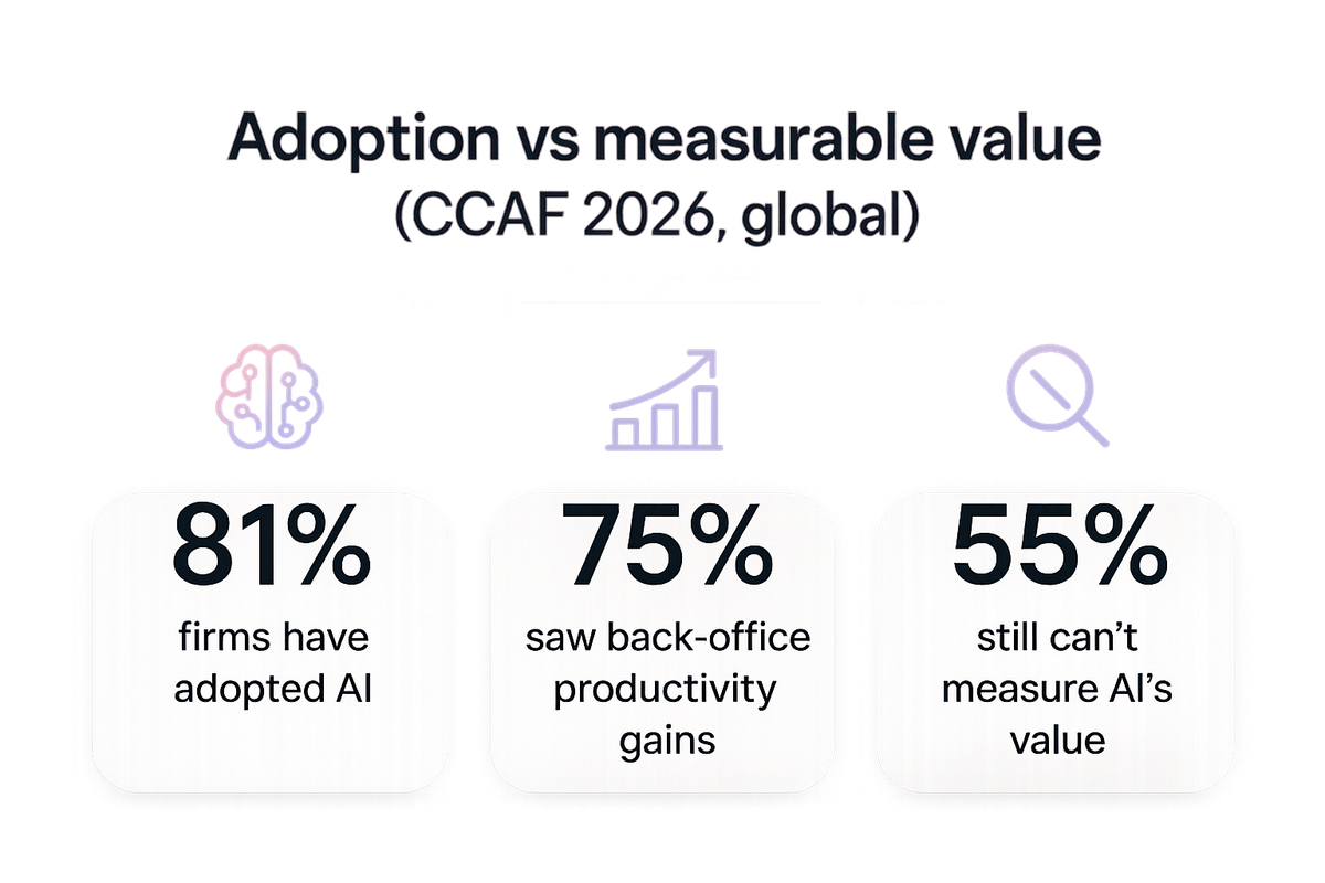 Bar-style stats showing global finance AI adoption, back-office productivity gains, and firms unable to measure AI value