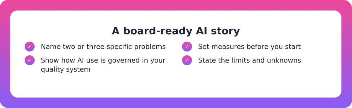Checklist of four elements of a board-ready AI story for a New Zealand training provider CEO