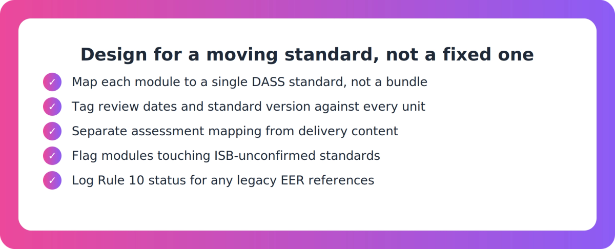 Checklist for structuring LMS content modules to survive shifting Industry Skills Board standards