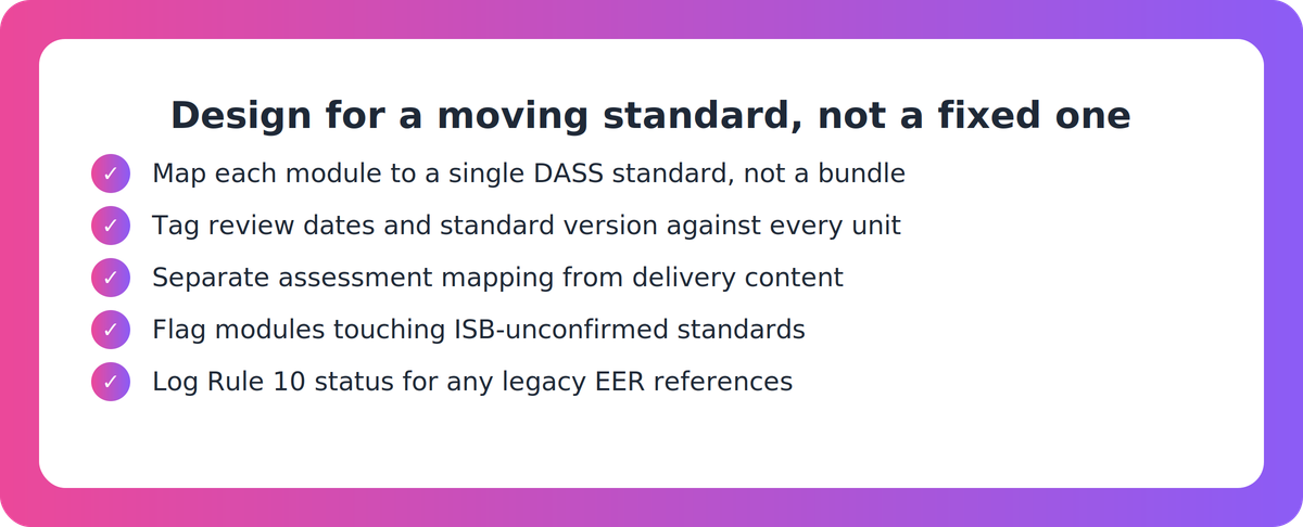 Checklist for structuring LMS content modules to survive shifting Industry Skills Board standards