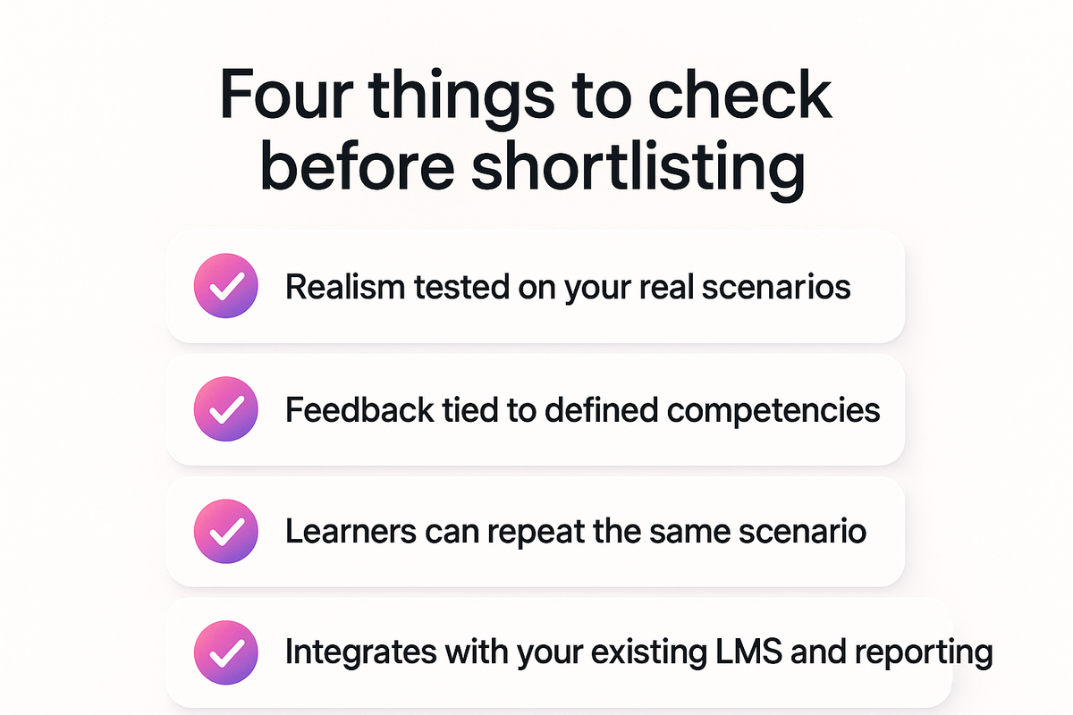 Checklist of four evaluation criteria for AI simulation training software: realism, feedback, repeatability, integration